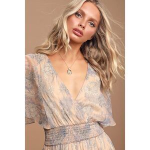 Lulus Subtle Romance Beige Floral Print Ruffled Midi Dress - Size S